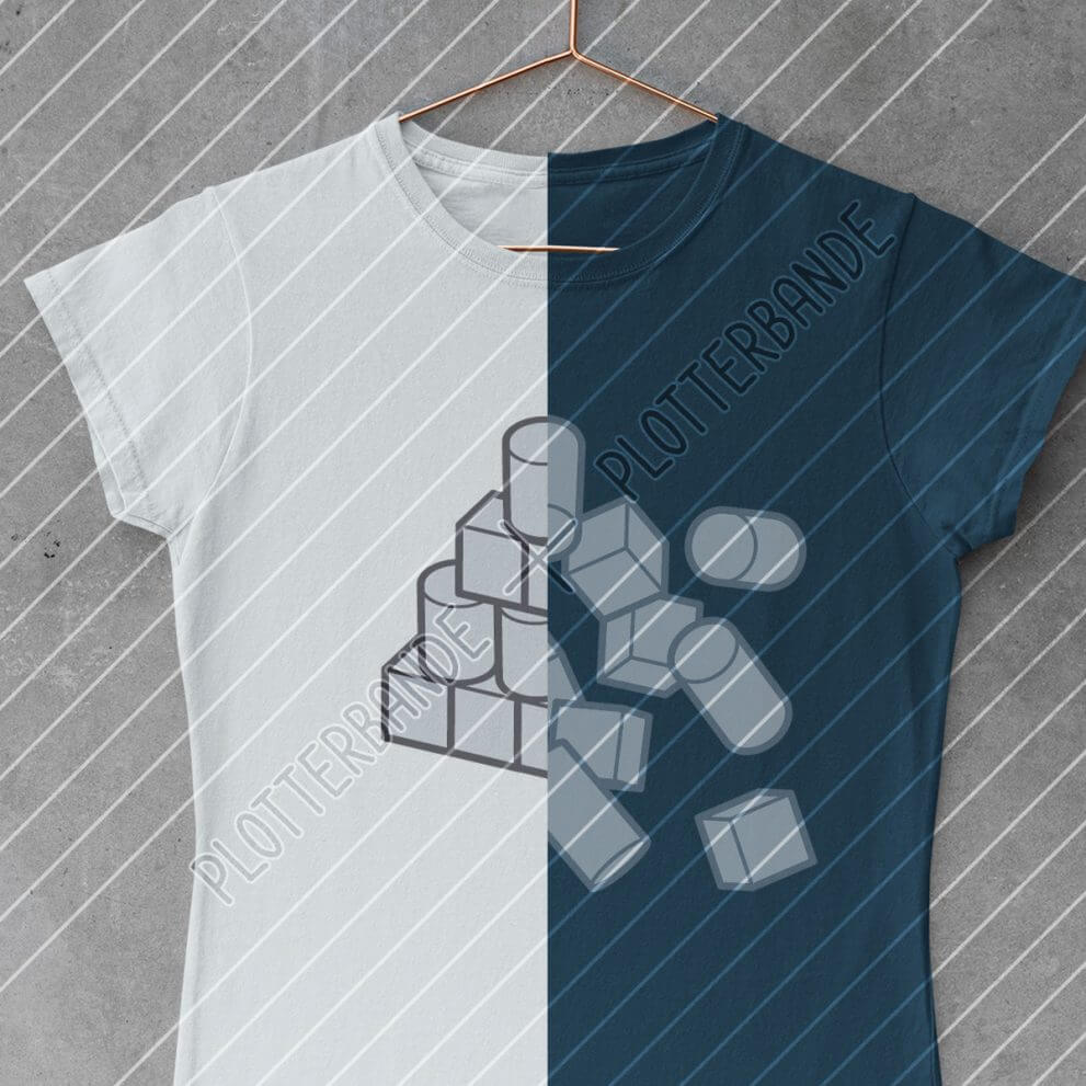 Das Bild zeigt ein zweifarbiges T-Shirts mit dem Geometrie-Design der Plotterbande.