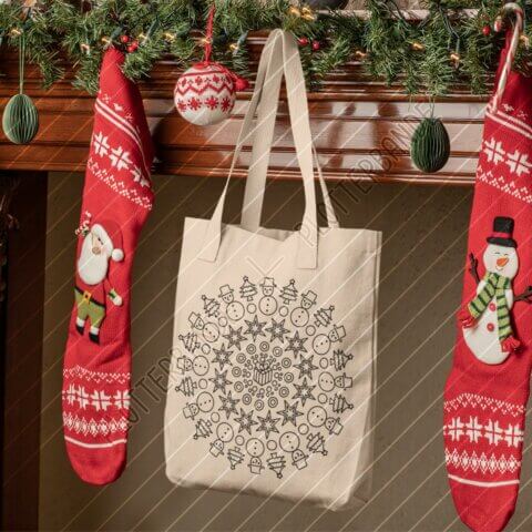 Zwischen zwei Socken hängt eine Einkaufstasche am Kamin. Auf den Beutel ist das Weihnachten Mandala-Design der Plotterbande gedruckt.